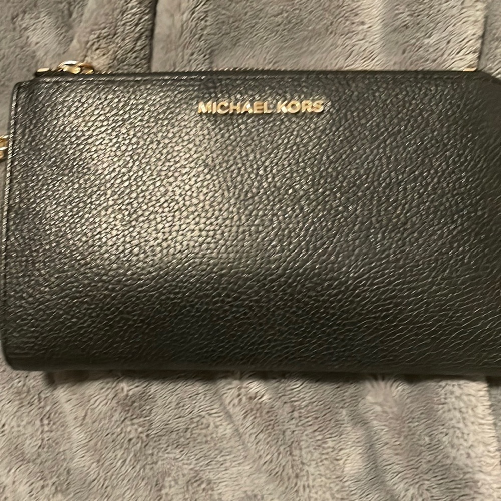 Michael Kors Black Textured Leather Wristlet Clutch with Gold Logo